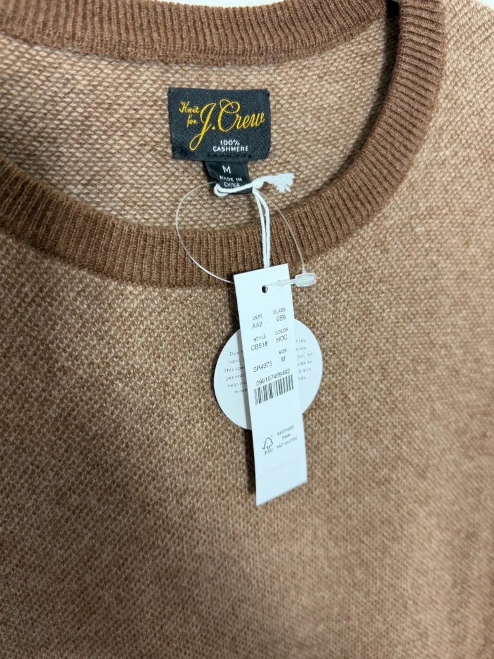 NWT J. Crew Men's Bird's Eye Cashmere Sweater in H. Oak Camel Size M